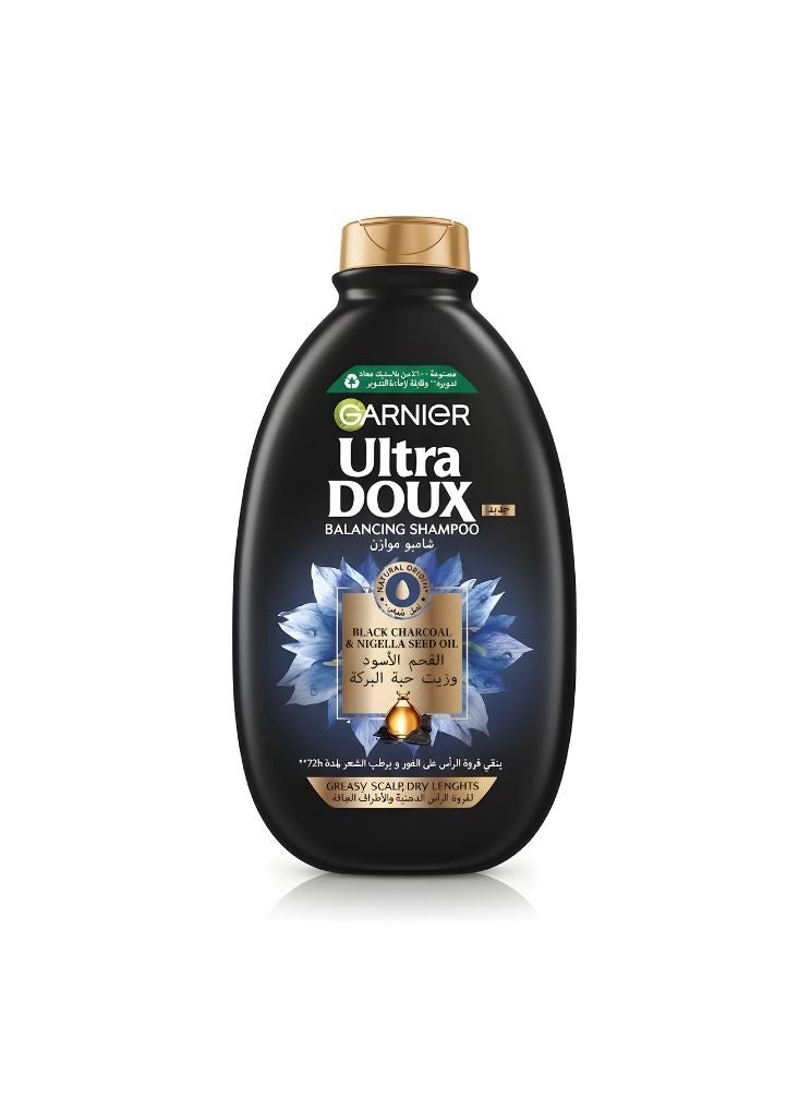 Ultra doux Garnier Ultra Doux Balancing Shampoo with Black Charcoal & Nigella Seed Oil – Black Bottle Shampoo for Greasy Scalp and Dry Lengths, Black Color, 1 Pc - Image 1